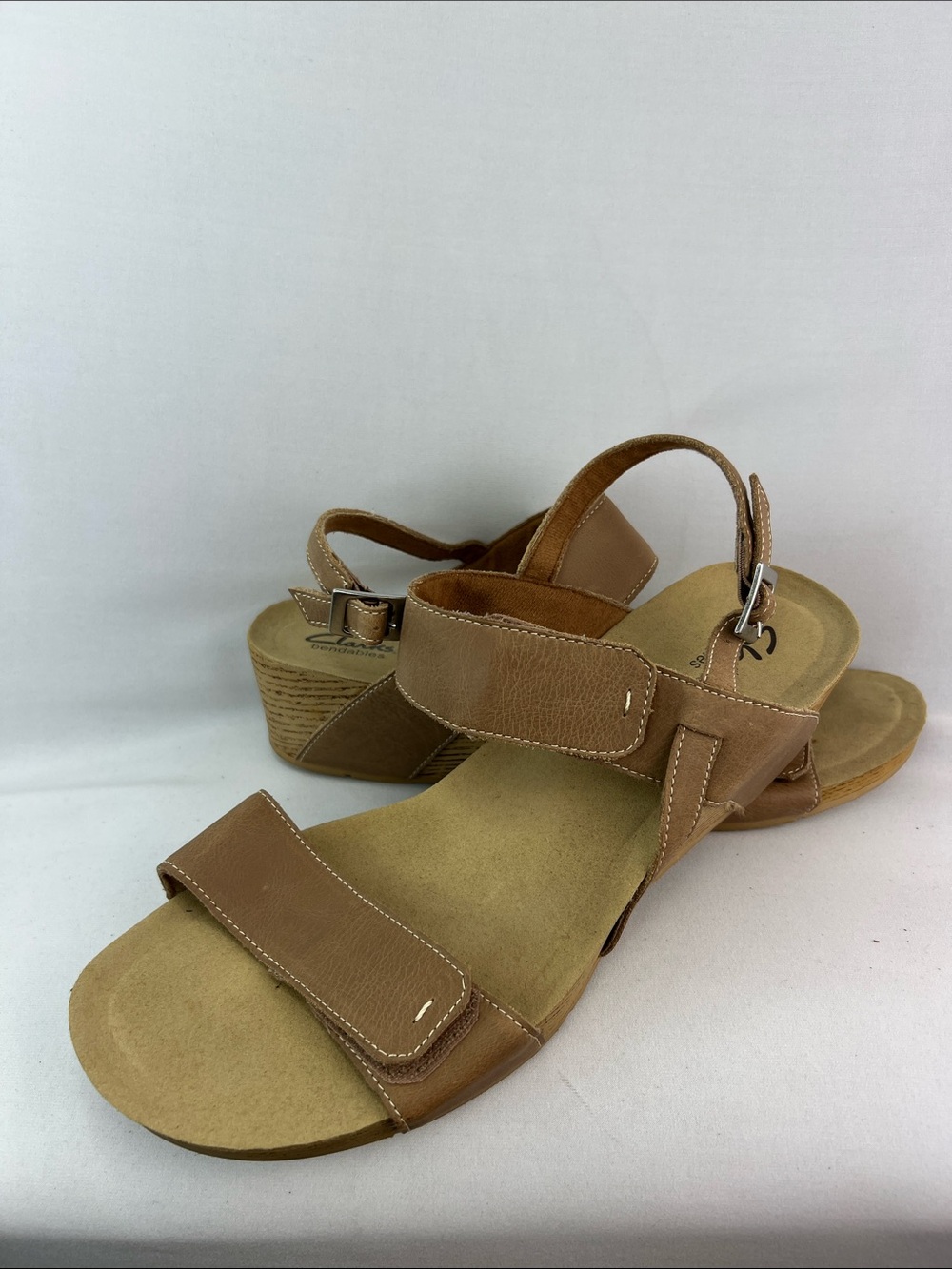 Clarks bendables Tan Leather Wedge Sandals with Adjustable Straps